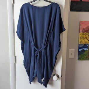 Trina Turk Navy Blue Ray Fringe Caftan Wrap Belt Dress Size XS NWT